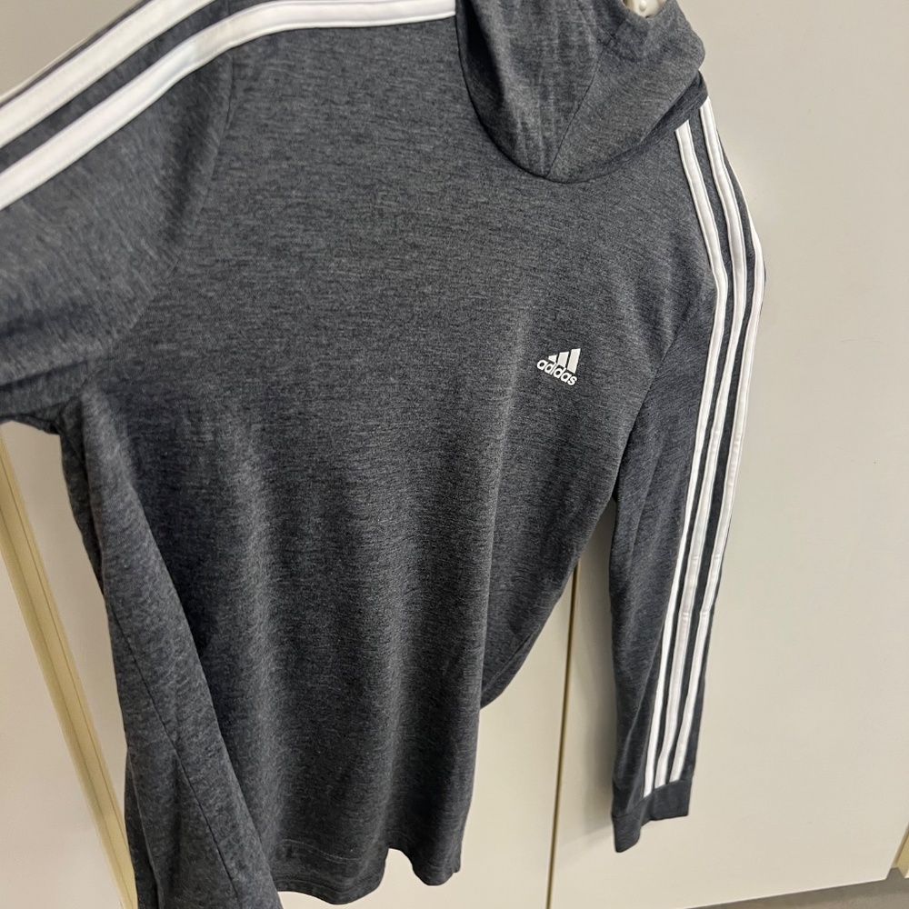 Adidas- Women's Charcoal Gray/White (3) Stripe Long Sleeve Tee with Hoodie - Picture 5 of 11